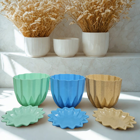 Set of 3 Stylish 5-Inch Plastic Pots with Trays – Blue, Beige & Light Green The Grow Kart