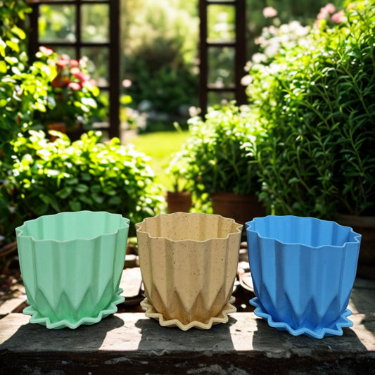 Set of 3 Stylish 5-Inch Plastic Pots with Trays – Blue, Beige &amp; Light Green The Grow Kart