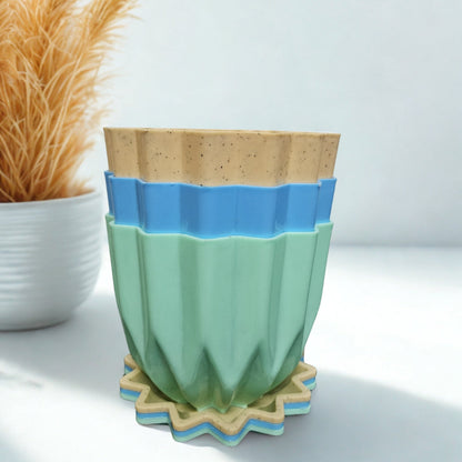 Set of 3 Stylish 5-Inch Plastic Pots with Trays – Blue, Beige &amp; Light Green The Grow Kart