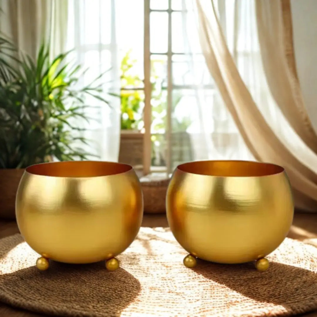 Glossy Gold Metal Mini Flower Pots – Pack of 2 The Grow Kart
