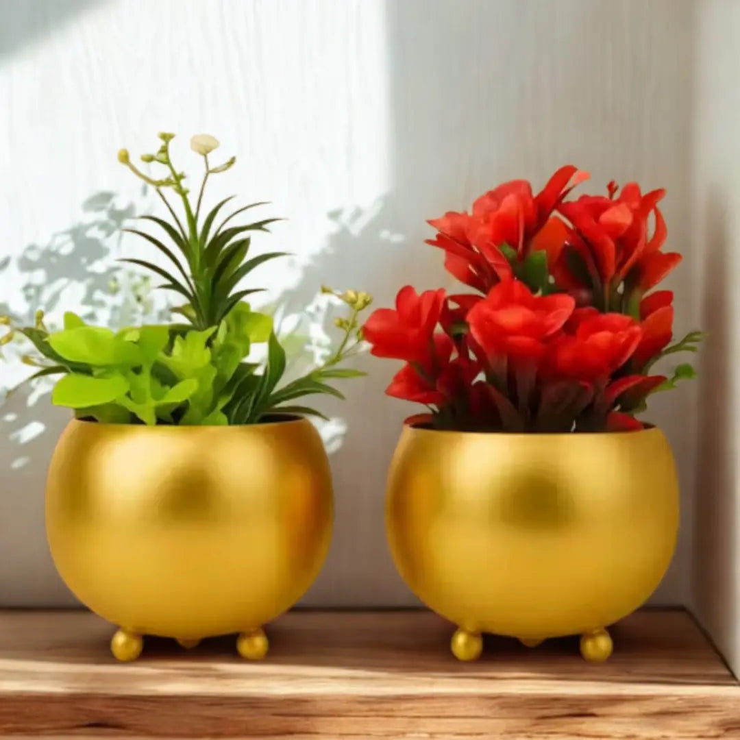 Glossy Gold Metal Mini Flower Pots – Pack of 2 The Grow Kart